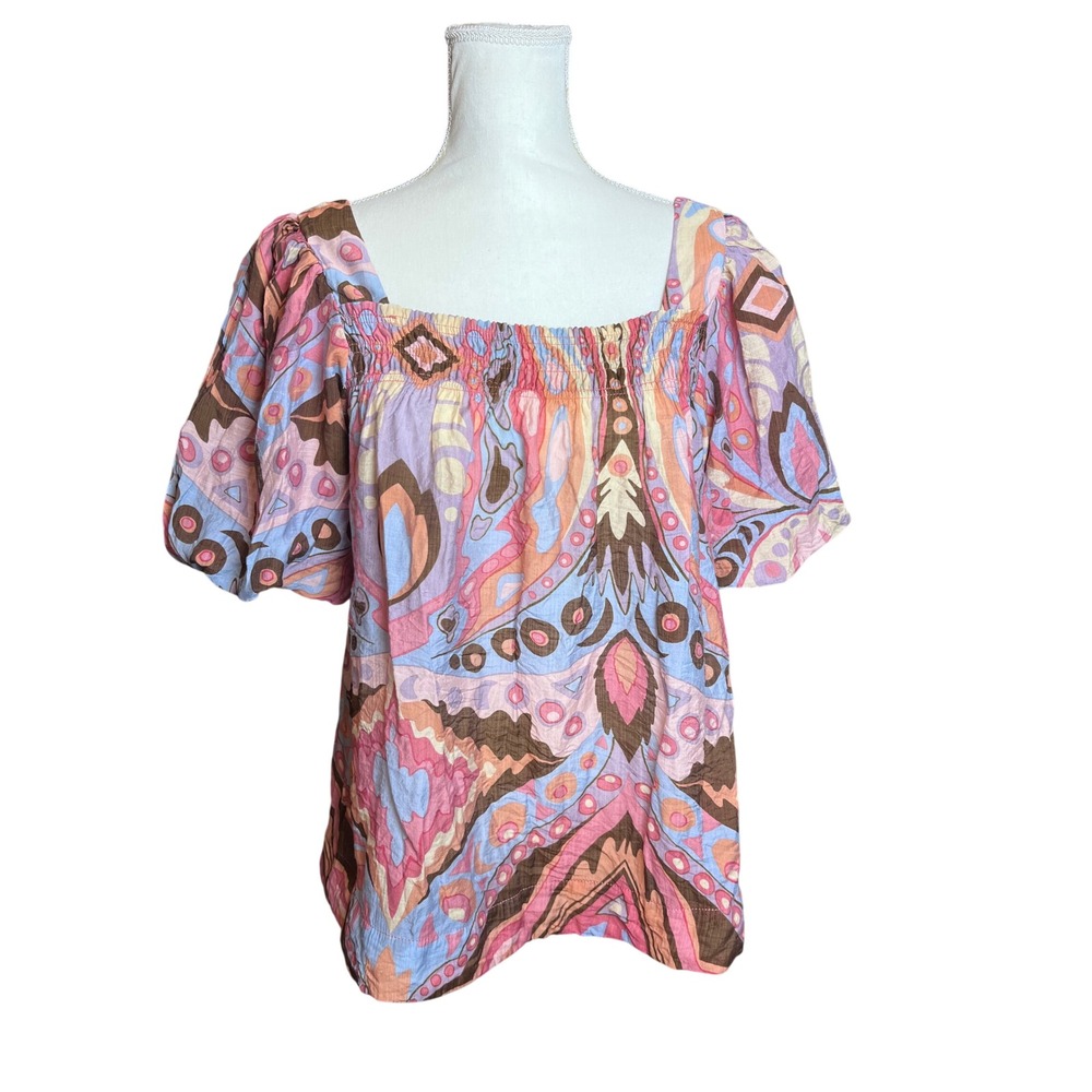 Umgee Retro Smocked Square Neck Puff Sleeve Hippie Paisley Print 70s Style Top S